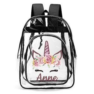 personalized unicorn clear backpack for girls with name, transparent heavy duty backpack with reinforcing straps for school sports workplace, custom waterproof clear book bag, back to school gift