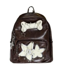 hopecn y2k backpack with accessories star aesthetic pu goth bookbag 90s vintage fashion grunge travel daypack. (star1-brown1)