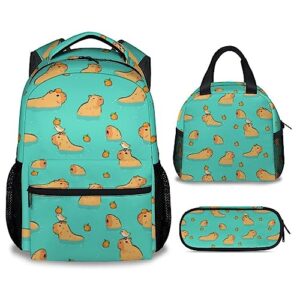 nicefornice capybara kids backpack with lunch box, set of 3 school backpacks matching combo, cute green bookbag and pencil case bundle