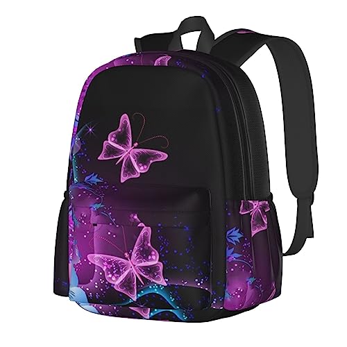 Pink Purple Butterfly Printed Laptop Backpacks Lightweight Stylish Casual Daypack For Work Business Travel