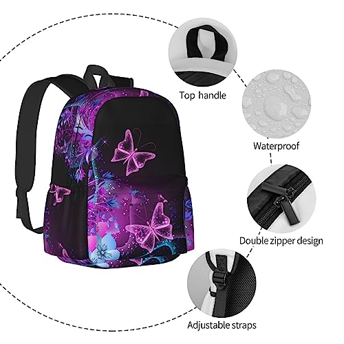 Pink Purple Butterfly Printed Laptop Backpacks Lightweight Stylish Casual Daypack For Work Business Travel