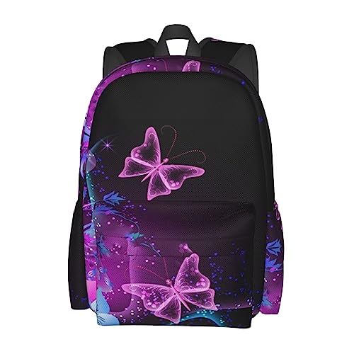 Pink Purple Butterfly Printed Laptop Backpacks Lightweight Stylish Casual Daypack For Work Business Travel