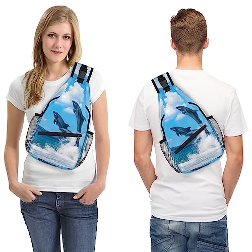 bisibuy Jumping Dolphins Sling Bag for Women Men Crossbody Sling Backpack Shoulder Bag Chest Bag Daypack for Travel Hiking Outdoor