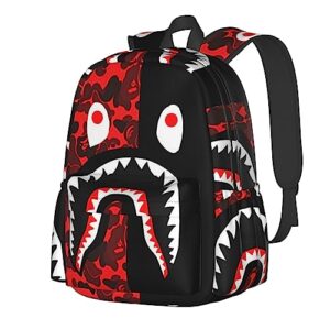 red-black shark printed travel laptop backpack for women,print mini casual daypack waterproof computer bags with ergonomic