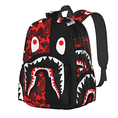 Red-Black Shark Printed Travel Laptop Backpack For Women,Print Mini Casual Daypack Waterproof Computer Bags With Ergonomic