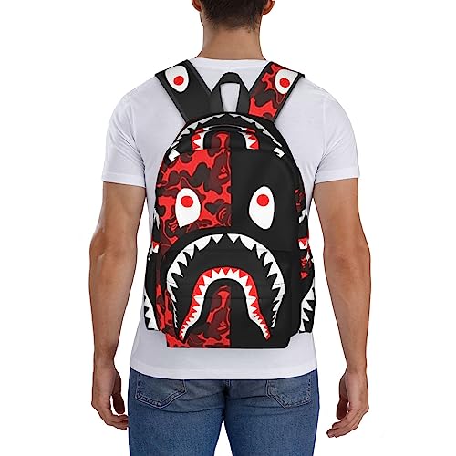 Red-Black Shark Printed Travel Laptop Backpack For Women,Print Mini Casual Daypack Waterproof Computer Bags With Ergonomic