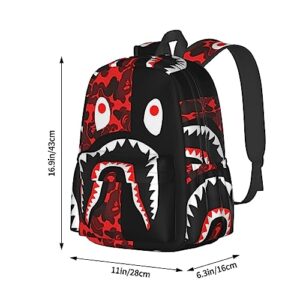 Red-Black Shark Printed Travel Laptop Backpack For Women,Print Mini Casual Daypack Waterproof Computer Bags With Ergonomic