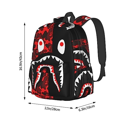 Red-Black Shark Printed Travel Laptop Backpack For Women,Print Mini Casual Daypack Waterproof Computer Bags With Ergonomic