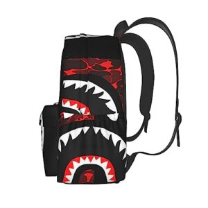 Red-Black Shark Printed Travel Laptop Backpack For Women,Print Mini Casual Daypack Waterproof Computer Bags With Ergonomic