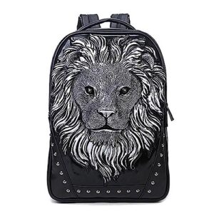 seamand personalized 3d lion pu leather casual laptop backpack for men durable travel daypack (silver color)