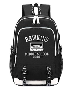 jupkem stranger hawkins middle school av club college usb charging backpack laptop bag travel bookbag over 6 years old