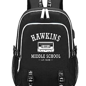 jupkem Stranger Hawkins Middle School AV Club College USB Charging Backpack Laptop Bag Travel Bookbag Over 6 Years Old