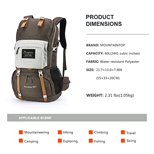 MOUNTAINTOP 40L Hiking Backpack with 3L Hydration Bladder for Women & Men Outdoor Travel Camping Day Pack with Rain Cover, 21.7 x 13 x 7.9 in,Brown