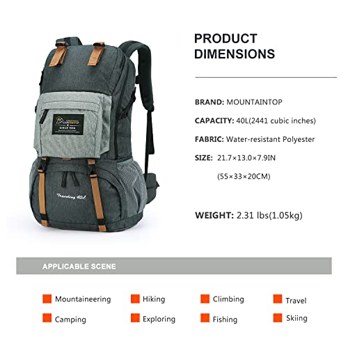 MOUNTAINTOP 40L Hiking Backpack with 3L Hydration Bladder for Women & Men Outdoor Travel Camping Day Pack with Rain Cover, 21.7 x 13 x 7.9 in,Dark Grey