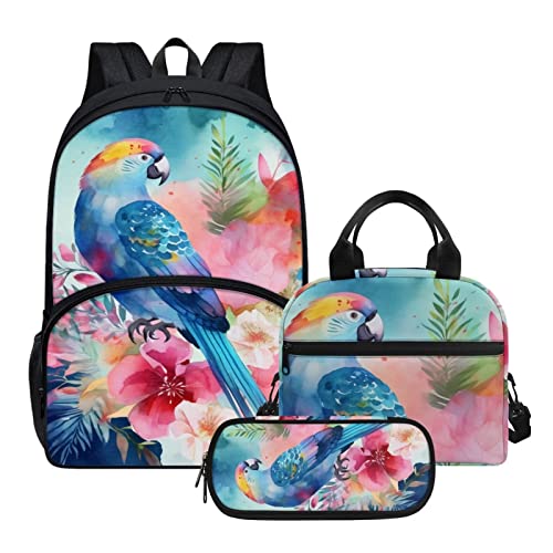 Parprinty Blue Floral Bird Parrot Backpack Set for Girls Kids Lightweight Cute School Backpack with Lunch Box Pencil Case Adjustable Strap Padded Book Bag Insulated Lunch Bag