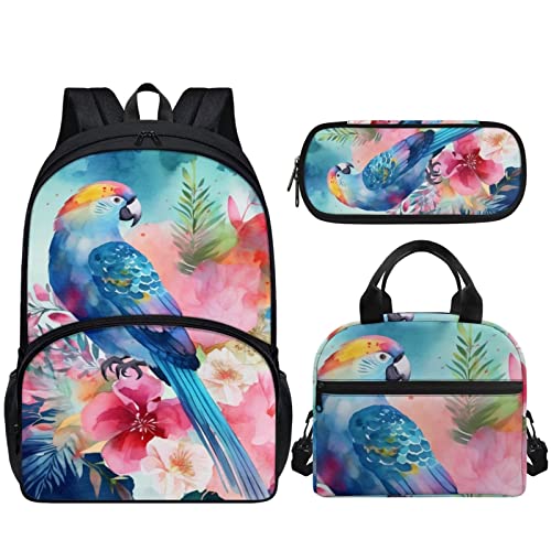 Parprinty Blue Floral Bird Parrot Backpack Set for Girls Kids Lightweight Cute School Backpack with Lunch Box Pencil Case Adjustable Strap Padded Book Bag Insulated Lunch Bag