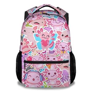 pakkitop axolotl backpack for kids girls, 16" kawaii backpack for school, pink print large capacity lightweight bookbag for students age 6-8