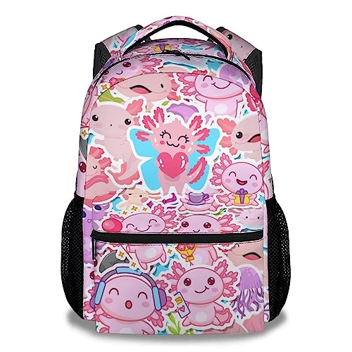 PAKKITOP Axolotl Backpack for Kids Girls, 16" Kawaii Backpack for School, Pink Print Large Capacity Lightweight Bookbag for Students Age 6-8