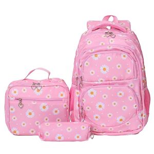 niweiya 3-piece daisy print girls' backpack waterproof children's schoolbag set student daily lunch bag (pink)