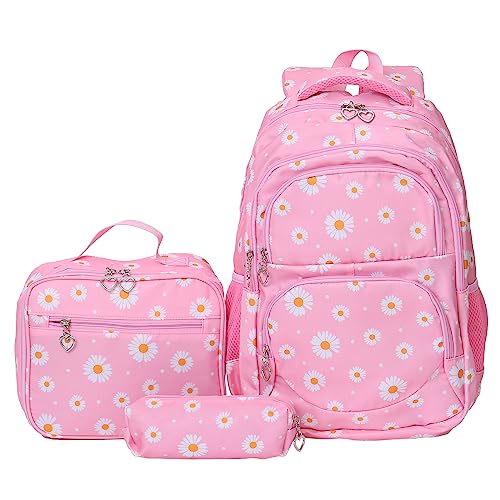 NIWEIYA 3-piece Daisy Print Girls' Backpack Waterproof Children's Schoolbag Set Student Daily Lunch Bag (Pink)