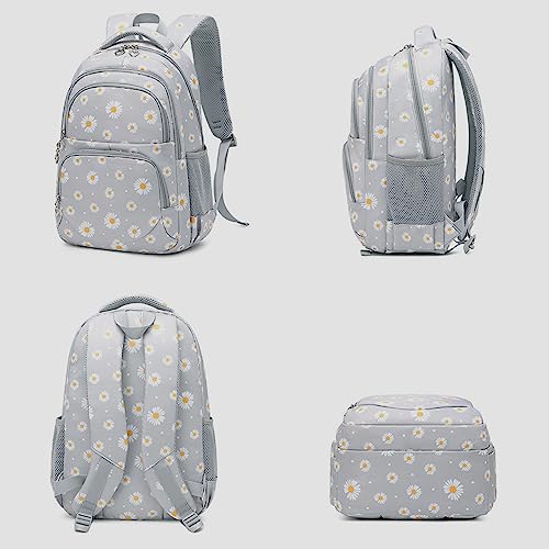 NIWEIYA 3-piece Daisy Print Girls' Backpack Waterproof Children's Schoolbag Set Student Daily Lunch Bag (Pink)