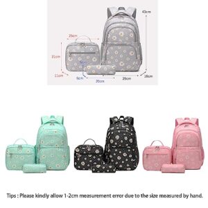 NIWEIYA 3-piece Daisy Print Girls' Backpack Waterproof Children's Schoolbag Set Student Daily Lunch Bag (Pink)