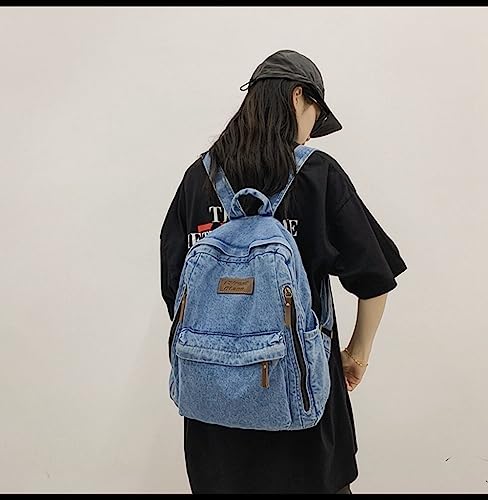 JHTPSLR Preppy Backpack Denim Backpack Casual Vintage Aesthetic Backpack Cowboy Backpack Daypack Book Bags Backpack Supplies (Light Blue)