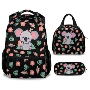 aiomxzz koala backpack with lunch box and pencil case, 16 inch cute koala bookbag durable, lightweight, large capacity, funny animal backpack for school girls kids women
