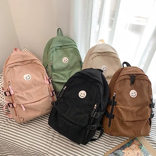 JHTPSLR Preppy Backpack Smiley Face Corduroy Backpack Cute Academia Aesthetic Backpack Autumn Corduroy Backpack Solid Book Bags (Sage Green)