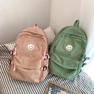 JHTPSLR Preppy Backpack Smiley Face Corduroy Backpack Cute Academia Aesthetic Backpack Autumn Corduroy Backpack Solid Book Bags (Sage Green)