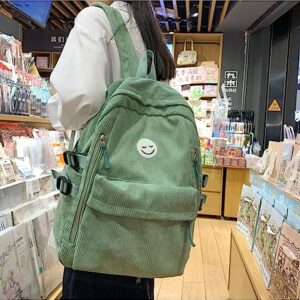 JHTPSLR Preppy Backpack Smiley Face Corduroy Backpack Cute Academia Aesthetic Backpack Autumn Corduroy Backpack Solid Book Bags (Sage Green)