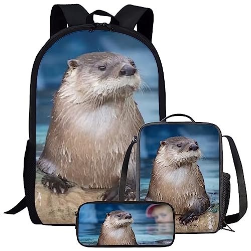 Kids Novelty Animal Backpack and Lunch Box for Boys Girls Student Lightweight 17 Inch School North American River Otter Backpack with Lunch Bag Pencil Case Kids Comfy Padded Black Large Bookbag