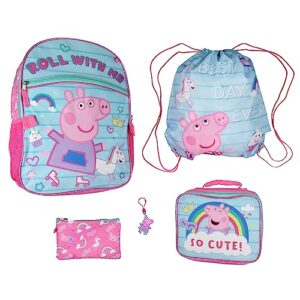 ai accessory innovations peppa pig backpack kids school travel backpack set with lunch box, drawstring bag, pencil case, and rubber molded keychain