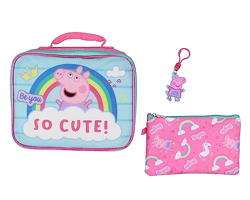 AI ACCESSORY INNOVATIONS Peppa Pig Backpack Kids School Travel Backpack Set With Lunch Box, Drawstring Bag, Pencil Case, and Rubber Molded Keychain