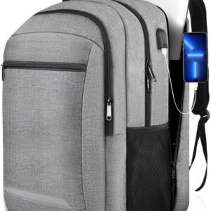 Large Travel Backpack, Laptop Backpack Carry On Backpack for Men Women, Anti Theft Travel Backpack for Airline Approved, Mens 17.3 Inch Laptop Backpacks for Hiking Daypack with USB Charging Port, Grey