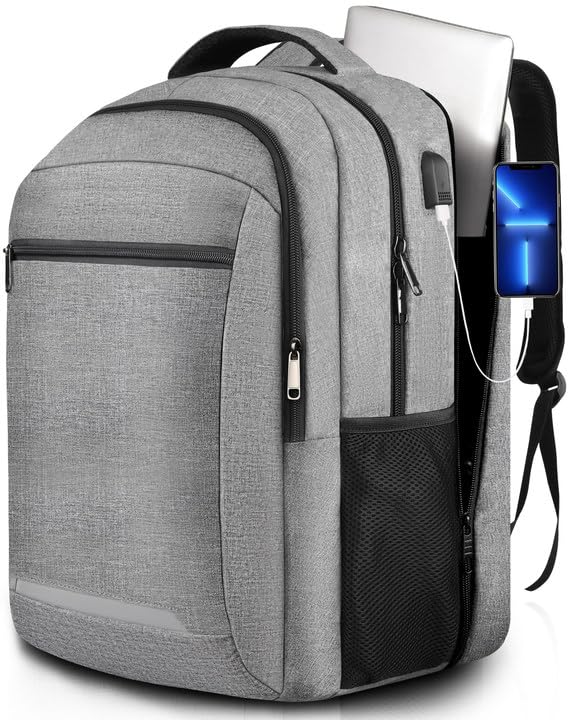 Large Travel Backpack, Laptop Backpack Carry On Backpack for Men Women, Anti Theft Travel Backpack for Airline Approved, Mens 17.3 Inch Laptop Backpacks for Hiking Daypack with USB Charging Port, Grey