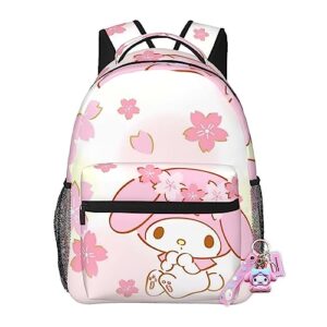 cute my bunny melody and flowers backpack cartoon my bunny melody characters backpack double shoulder strap adjustable durable laptop bag backpacks lightweight cute travel daypack with keychain