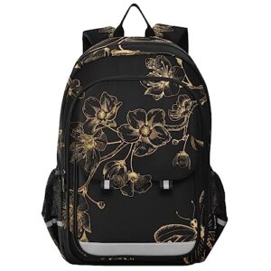 backpack daypack shoulder bag vintage floral flowers branch butterfly gold black rucksack laptop compartment