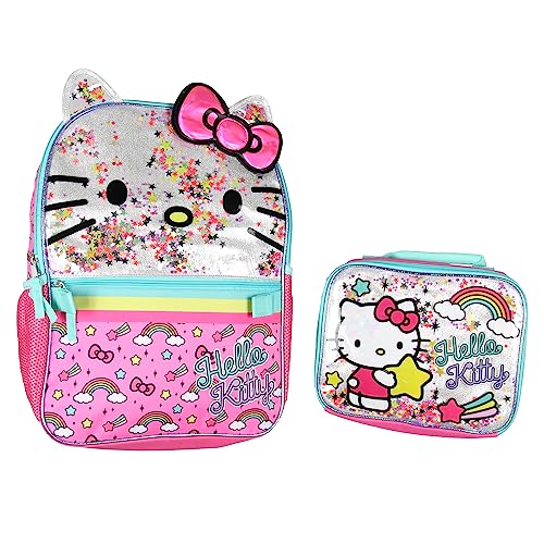 Hello Kitty Glitter 2 Piece School Travel Backpack Set For Girls With Detachable Insulated Lunch Box