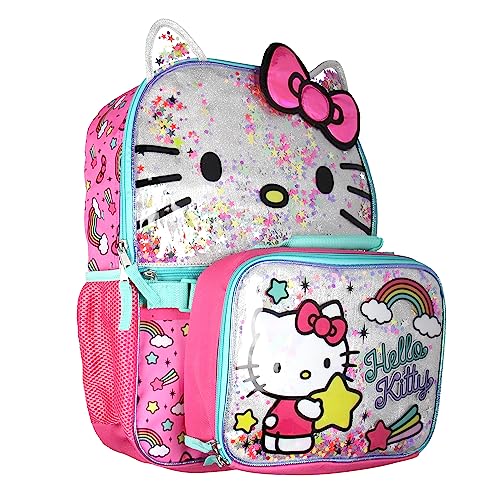 Hello Kitty Glitter 2 Piece School Travel Backpack Set For Girls With Detachable Insulated Lunch Box