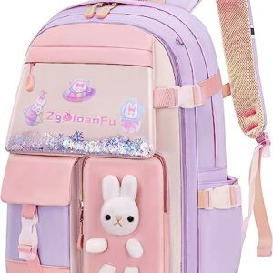 pisyae Backpack for Girls 16 Inch Girls bunny Backpack Kids Elementary School Bags Child Bookbags Light Purple Backpack Kindergarten Preschool Elementary