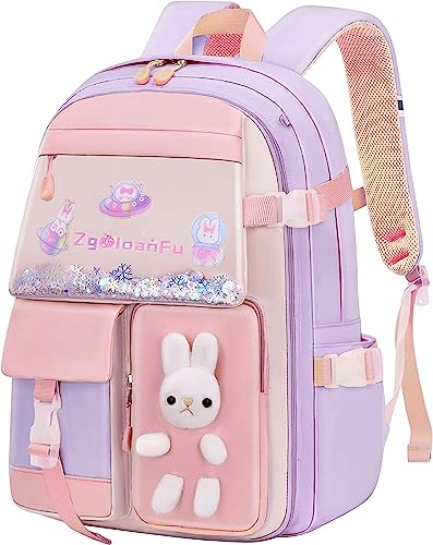 pisyae Backpack for Girls 16 Inch Girls bunny Backpack Kids Elementary School Bags Child Bookbags Light Purple Backpack Kindergarten Preschool Elementary