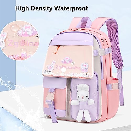 pisyae Backpack for Girls 16 Inch Girls bunny Backpack Kids Elementary School Bags Child Bookbags Light Purple Backpack Kindergarten Preschool Elementary