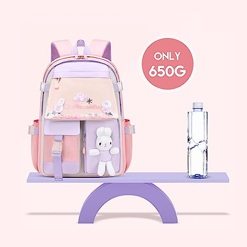 pisyae Backpack for Girls 16 Inch Girls bunny Backpack Kids Elementary School Bags Child Bookbags Light Purple Backpack Kindergarten Preschool Elementary