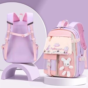 pisyae Backpack for Girls 16 Inch Girls bunny Backpack Kids Elementary School Bags Child Bookbags Light Purple Backpack Kindergarten Preschool Elementary