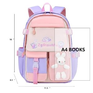 pisyae Backpack for Girls 16 Inch Girls bunny Backpack Kids Elementary School Bags Child Bookbags Light Purple Backpack Kindergarten Preschool Elementary