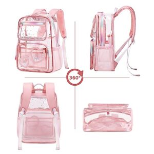 KIDNUO Clear Backpack for Girls Kids Elementary Bookbags Transparent Stadium Approved Travel Daypack See Through Middle College School Bag Large Laptop Backpacks for Women Teens Students (Pink)