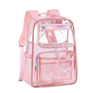 KIDNUO Clear Backpack for Girls Kids Elementary Bookbags Transparent Stadium Approved Travel Daypack See Through Middle College School Bag Large Laptop Backpacks for Women Teens Students (Pink)