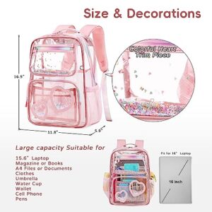 KIDNUO Clear Backpack for Girls Kids Elementary Bookbags Transparent Stadium Approved Travel Daypack See Through Middle College School Bag Large Laptop Backpacks for Women Teens Students (Pink)