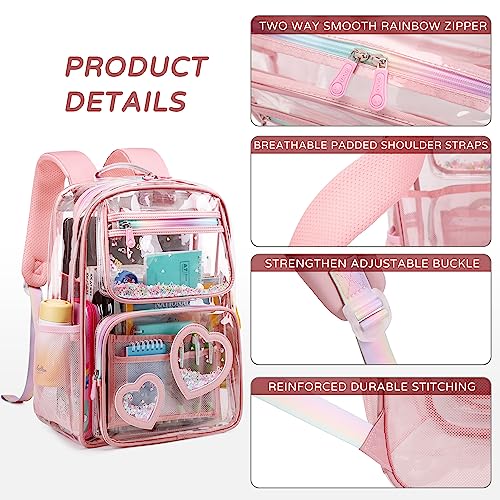 KIDNUO Clear Backpack for Girls Kids Elementary Bookbags Transparent Stadium Approved Travel Daypack See Through Middle College School Bag Large Laptop Backpacks for Women Teens Students (Pink)